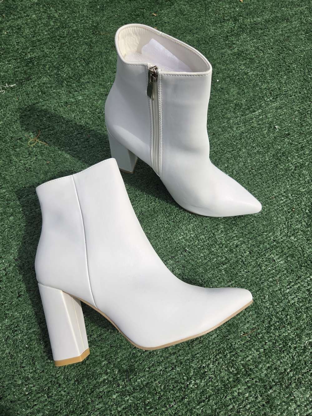 White Pointed Toe Block Heel Ankle Boots
